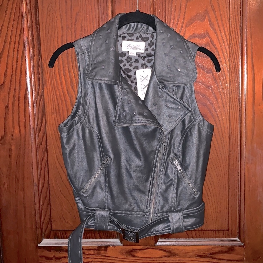 Forever 21 Faux Leather Moto Vest with Studded Collar (S)